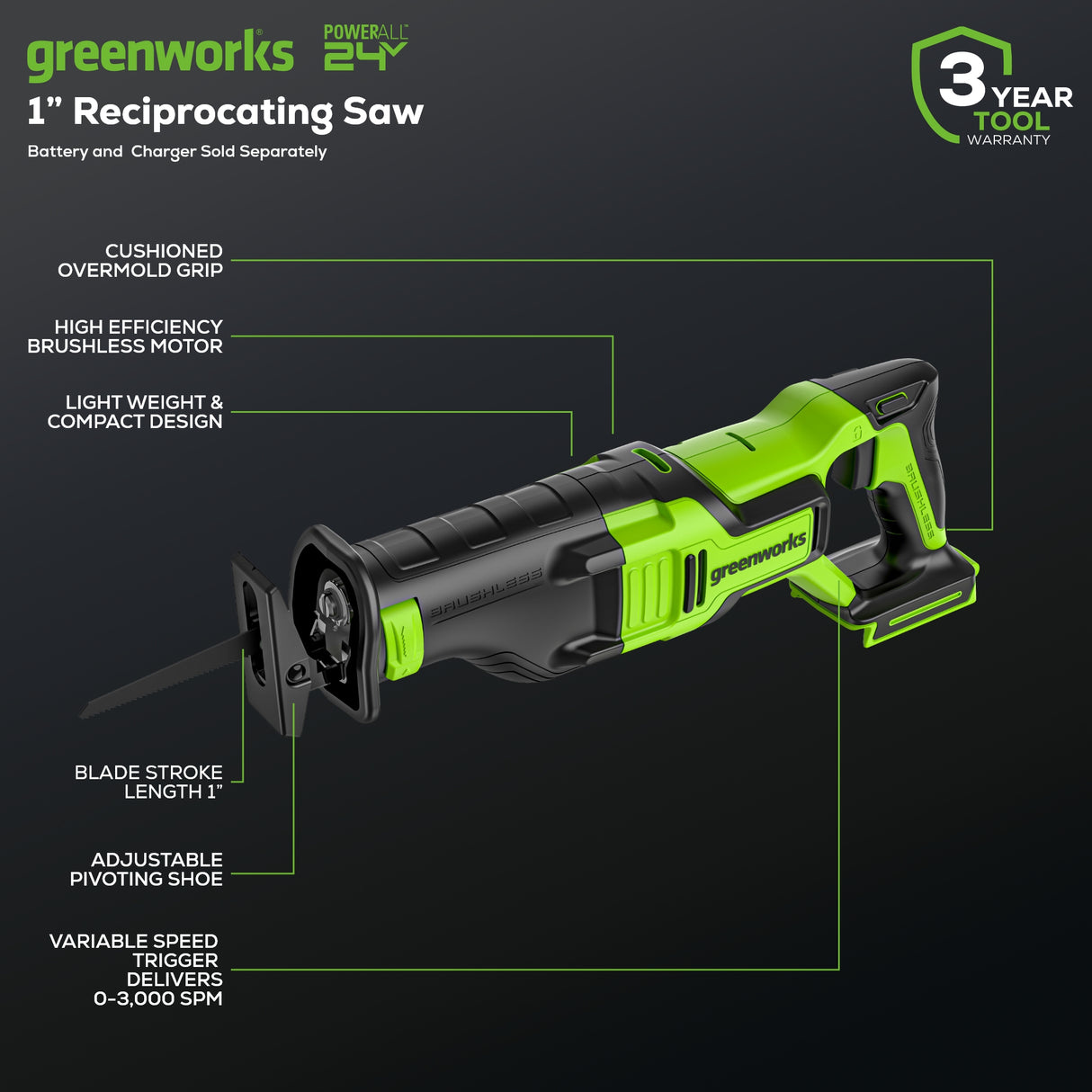 24V Brushless Reciprocating Saw (Tool Only) - S24L00