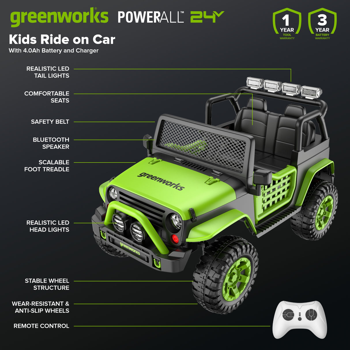 VUS Greenworks de la série Kids Adventure (Aventure pour enfants), batterie 4,0 Ah et chargeur de 30 W inclus