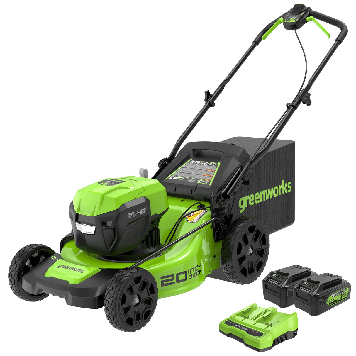 48V (24V x 2)  20" Brushless Push Mower, (2) 4Ah USB Batteries and 4A Dual Port Charger