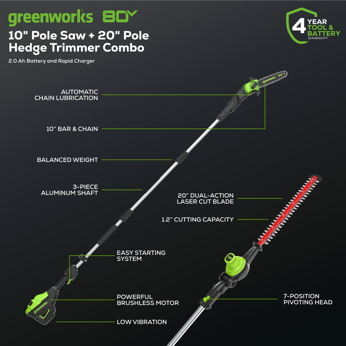 80V 10" Pole Saw & 20" Pole Hedger Attachment, 2.0 Ah Battery & Rapid Charger Included
