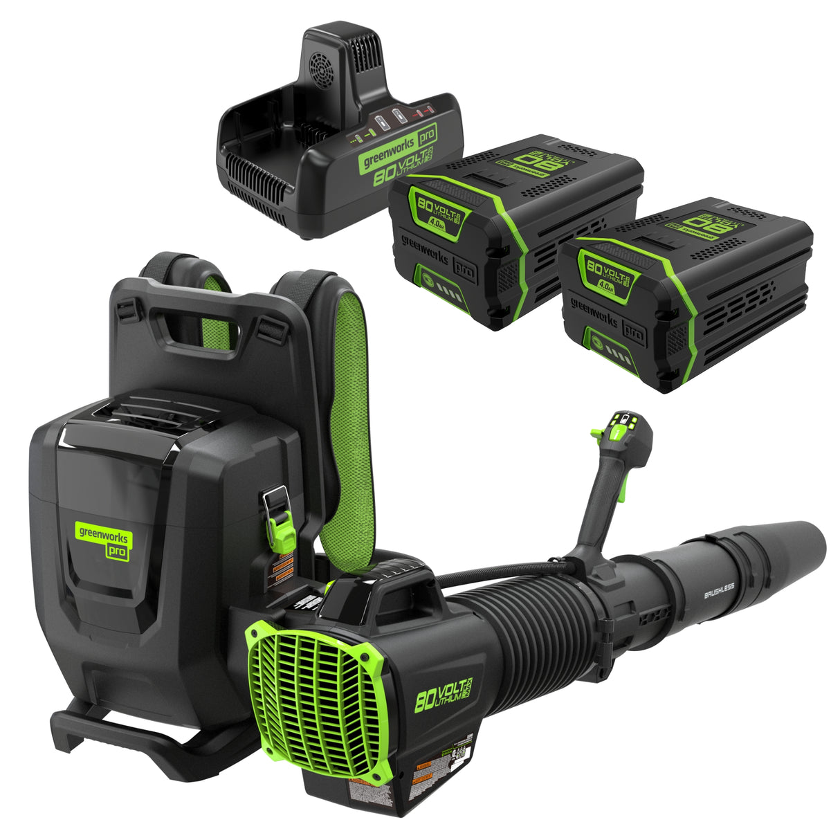 Souffleur à dos 80 V, 165 MPH - 690 CFM (pi³/min), (2) batteries 4,0 Ah et double chargeur