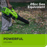 Souffleur à feuilles 60V, 630 CFM (pi³/min) - 170 MPH, batterie 2,5 Ah et chargeur 3 A inclus