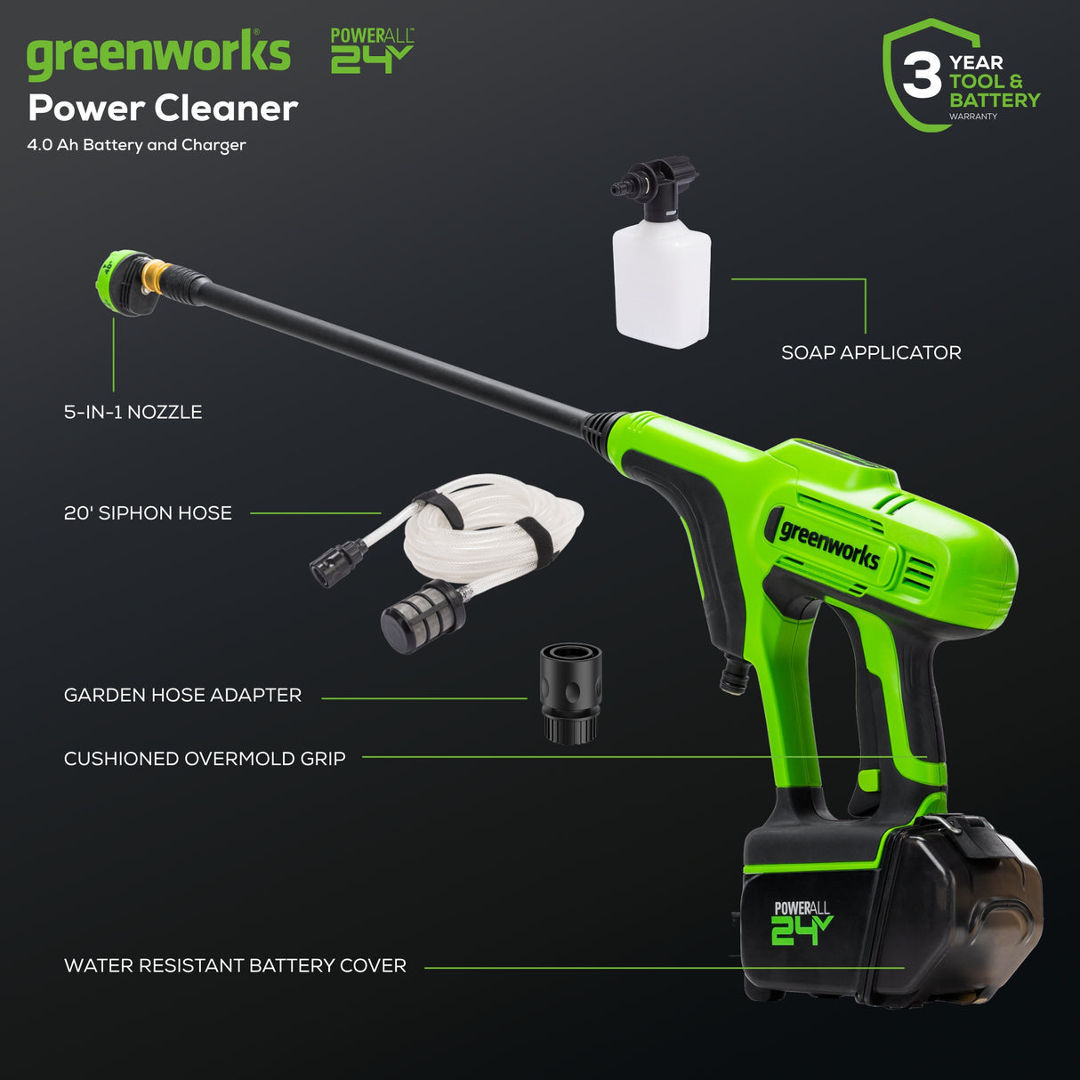 24V 600 PSI 0.8 GPM Cordless Pressure Washer, 4.0Ah Battery and Charger Included