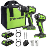 Perceuse-visseuse (400 po-lb) et clé à chocs (1 950 po-lb) à batterie Greenworks 24 V – avec (2) batteries USB-C 2,0 Ah et chargeur rapide USB-C 65 W inclus