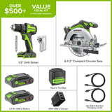 24V Brushless Drill/Driver & 6.5" Circular Saw Combo Kit – (2) 2.0Ah USB-C Batteries & 65W USB-C Fast Charger Included