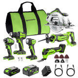 Ensemble 24 V de 6 outils électroportatifs sans balais Greenworks, avec (1) batterie USB-C de 4,0 Ah et (1) batterie USB-C de 2,0 Ah, et chargeur rapide USB-C de 65 W