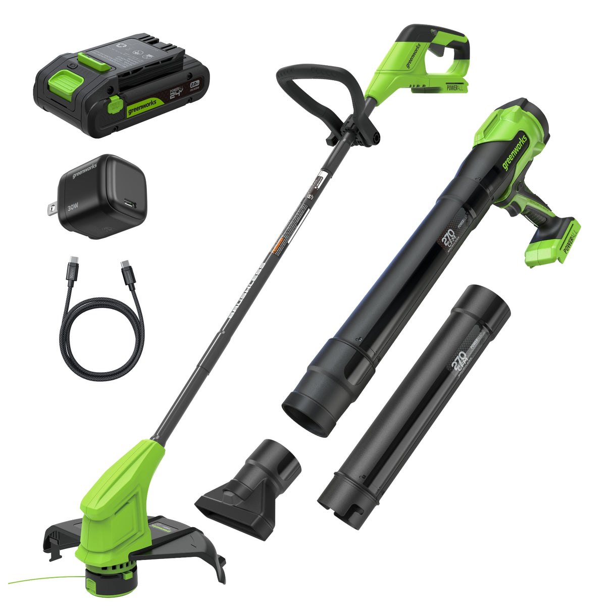 24V 12" Brushless String Trimmer & 270 CFM Blower, 2.0Ah Battery with 30W Type-C Charger and 3-FT Cables Included