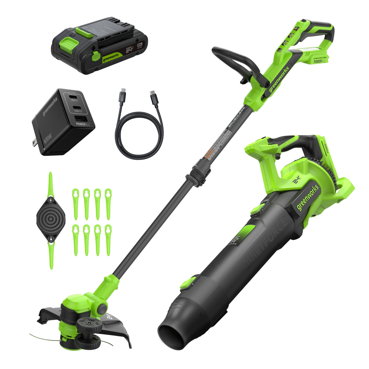 24V 12" Brushless String Trimmer & 515 CFM Blower, 3.0Ah Battery, 65W Type-C Charger and 3-FT Cable Included