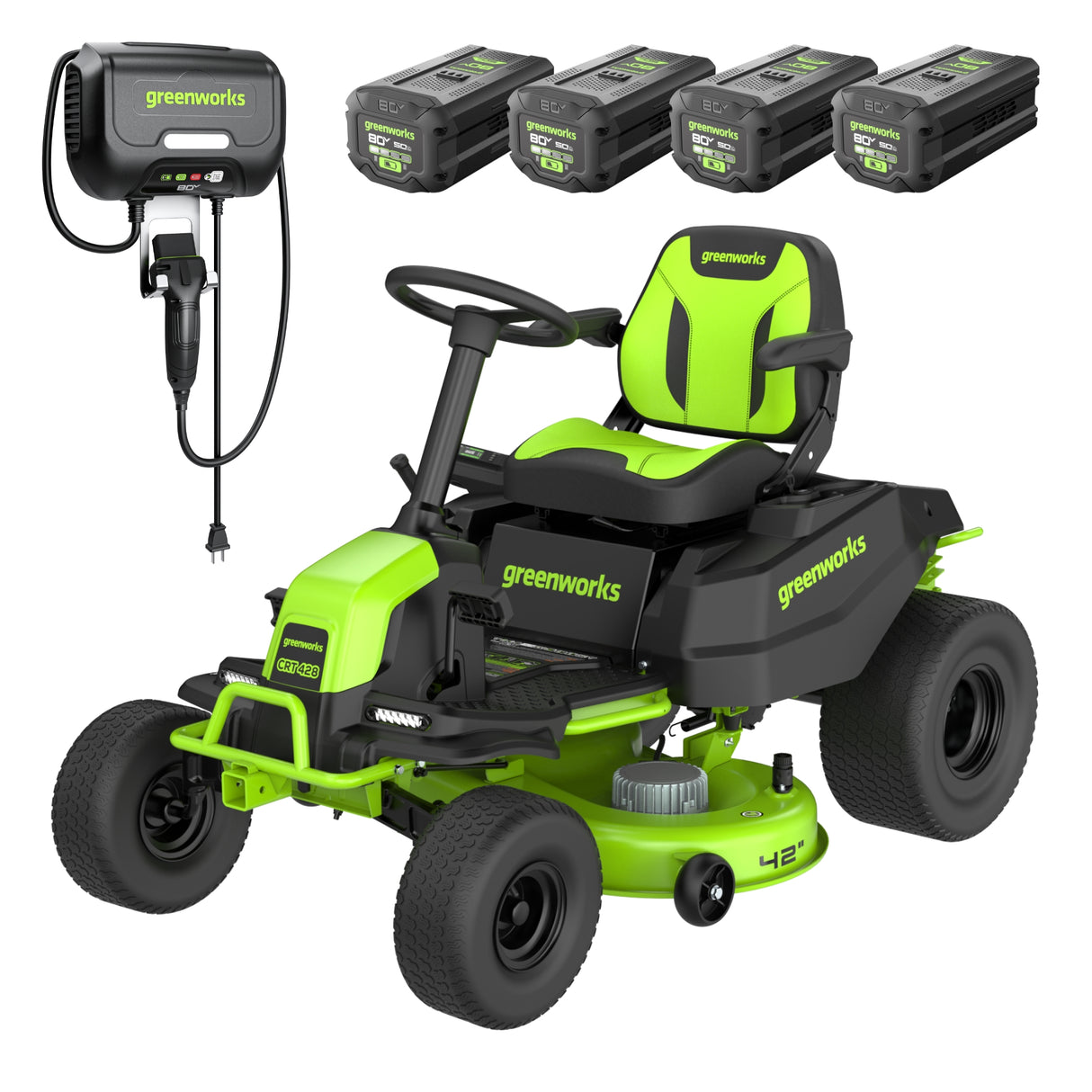 Greenworks Pro 80V 42" Electric Lawn Tractor, Riding Mower, (4) 5.0Ah Batteries and 600W Plug in Charger Included | CRT4282