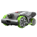 Robotic lawn mower with green and gray design on a white background
