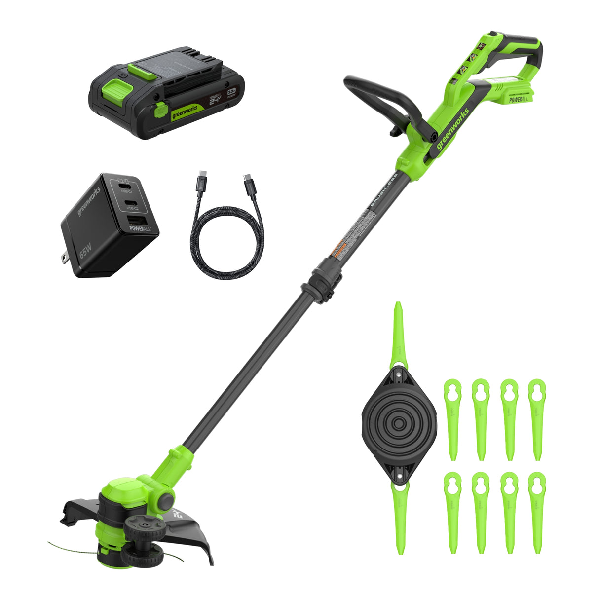 24V 12" Brushless String Trimmer, 3.0Ah Battery and 65W Type-C Charger with 3-ft Cable Included
