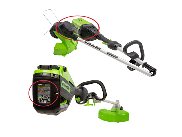 String trimmer or edger label location under handle or on pole