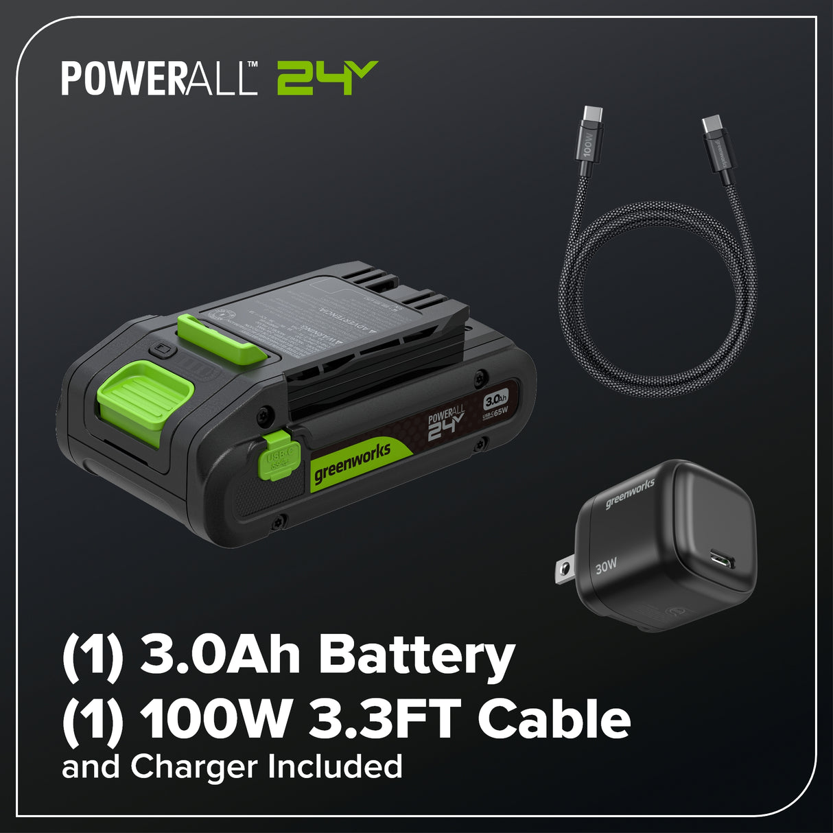 24V  270 CFM - 130 MPH Brushless Blower, 3.0Ah Battery and 30W Type-C Charger with 3-FT Cord Included