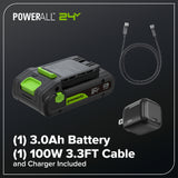 24V  270 CFM - 130 MPH Brushless Blower, 3.0Ah Battery and 30W Type-C Charger with 3-FT Cord Included