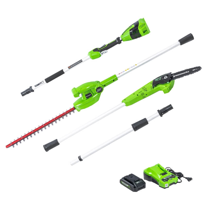 Scie à perche 24 V, 8 pouces avec accessoire taille-haie 24 V, 20 pouces, batterie USB 2,0 Ah et chargeur inclus